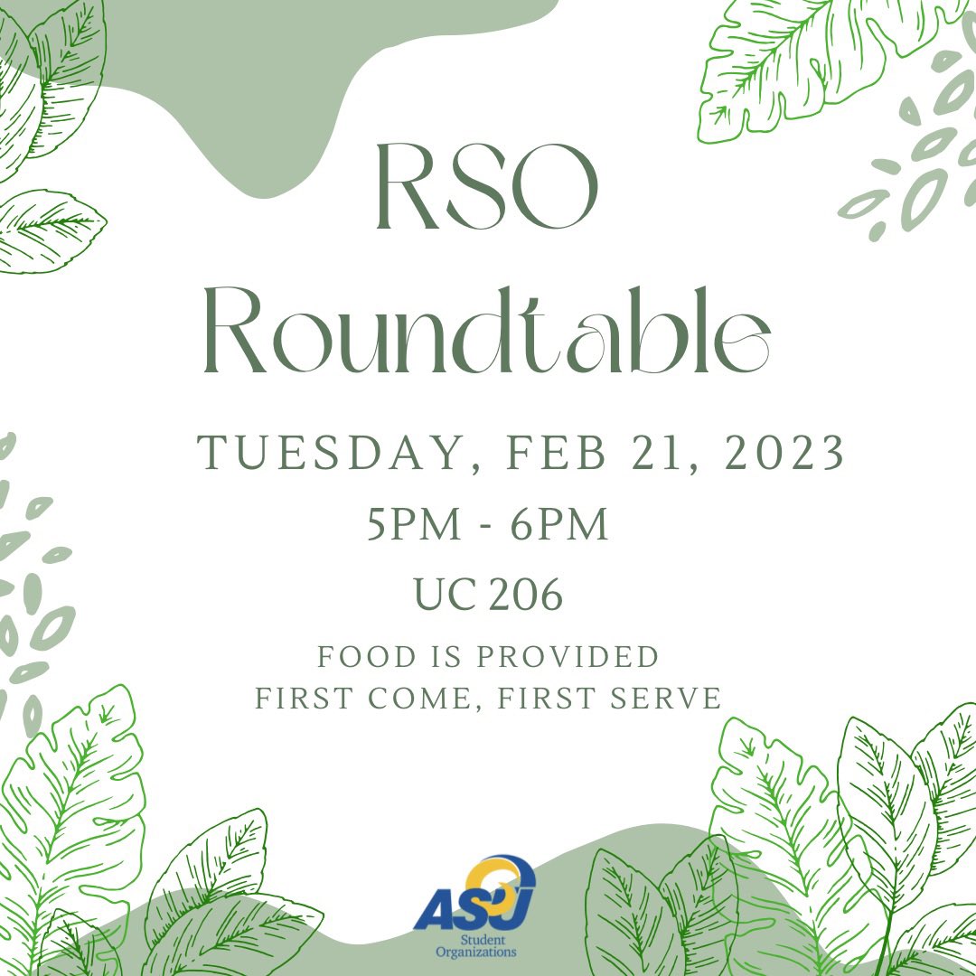 ASUstudentorgs's tweet image. Next Week RSO Roundtable! 💛🐏💙 #RSOs #GetInvolved