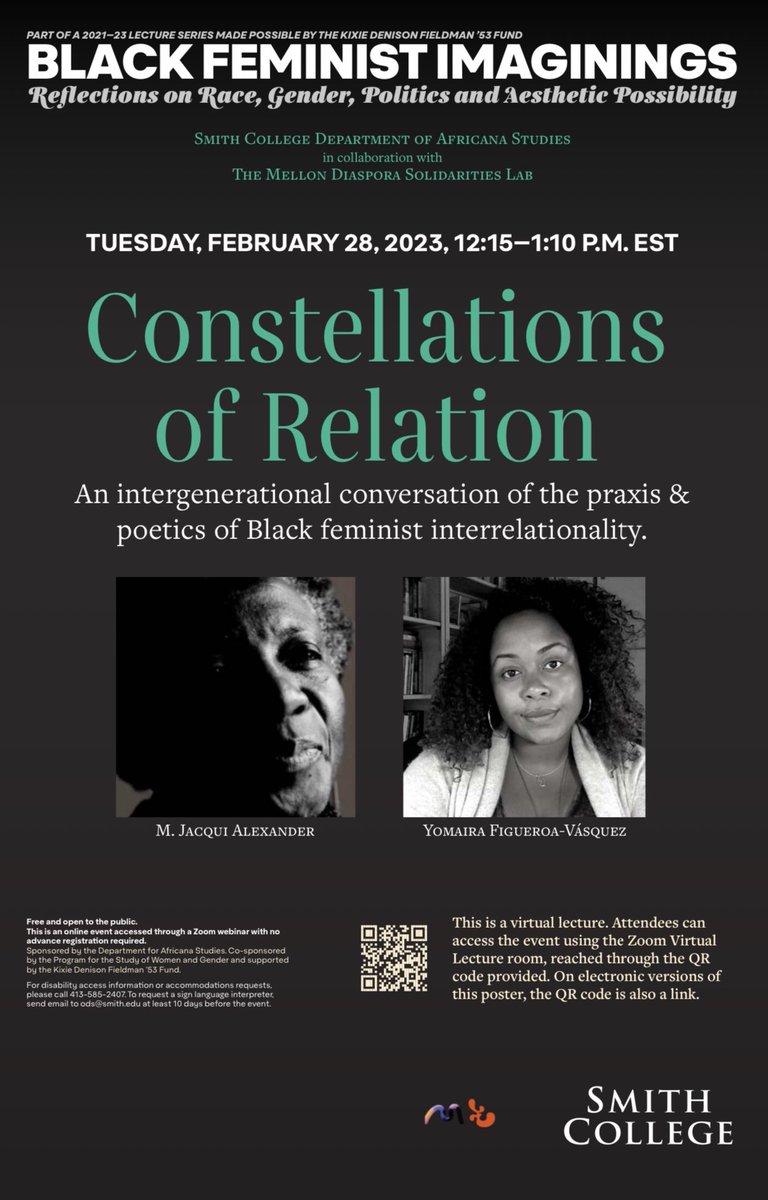 28 Feb. @ 12:15pm EST, join @AfricanaSmith  & the DSL for Constellations of Relation, a convo between M. Jacqui Alexander and Yomaira C. Figueroa Vásquez as they discuss the praxis and poetics of Black feminist interrelationality.

No advanced registration is required!