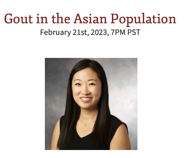 Check out Dr. Jison Hong <a href="/JisonHong/">Jison</a> upcoming talk on "Gout in the Asian Population" as part of Stanford's Community Health talk series this coming Tuesday, February 21st, at 7pm  PST. #rheumatology #gout  
<a href="/StanfordMed/">Stanford Medicine</a> 

med.stanford.edu/care/events/co…