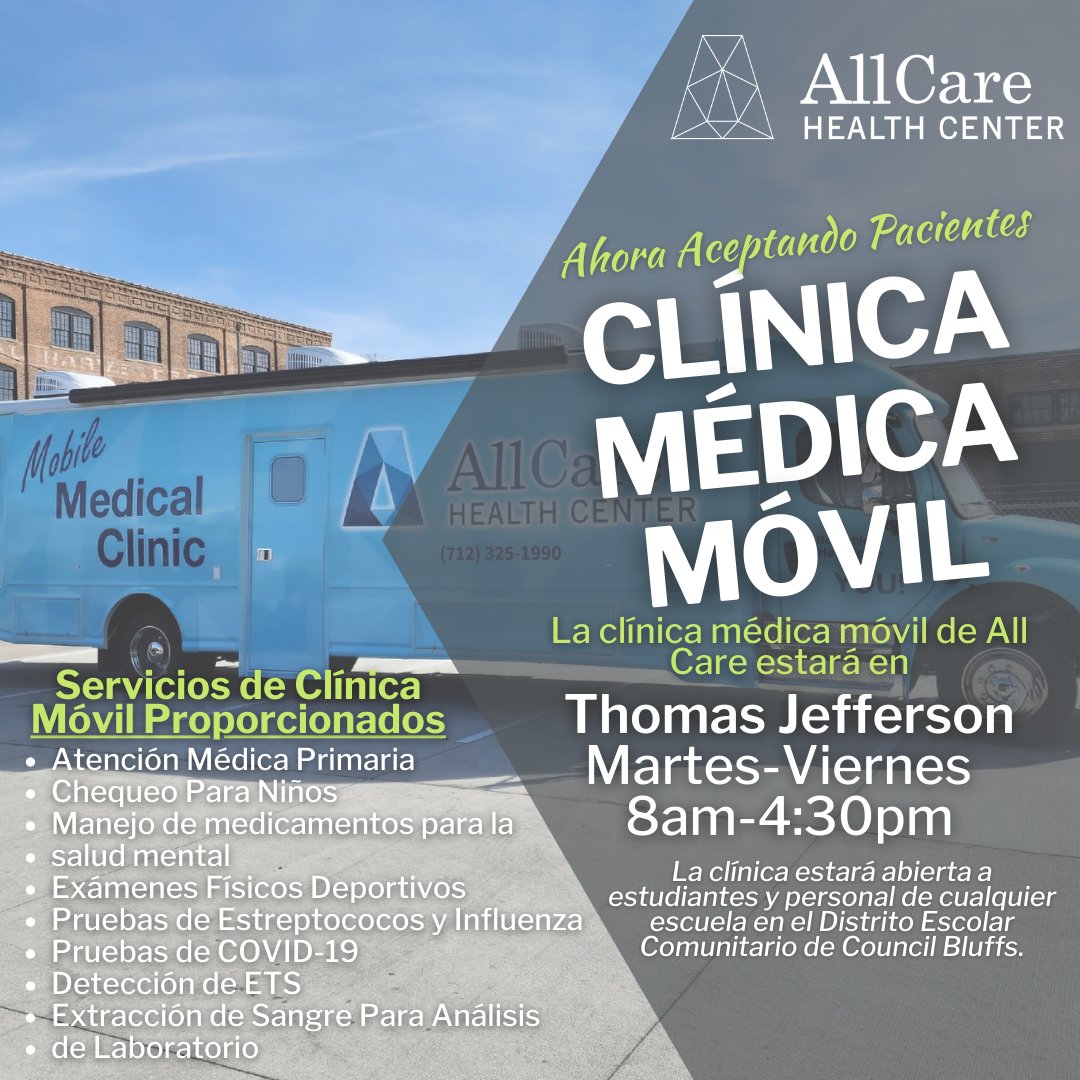 All Care offers medical and mental health medication management services at TJHS. You can make an appointment through the TJHS nurse at (712) 328-6493 ext. 13170. Services are available to all CBCSD students, families, and staff. Visit allcarehealthcenter.org/mobile-medical….  to learn more!