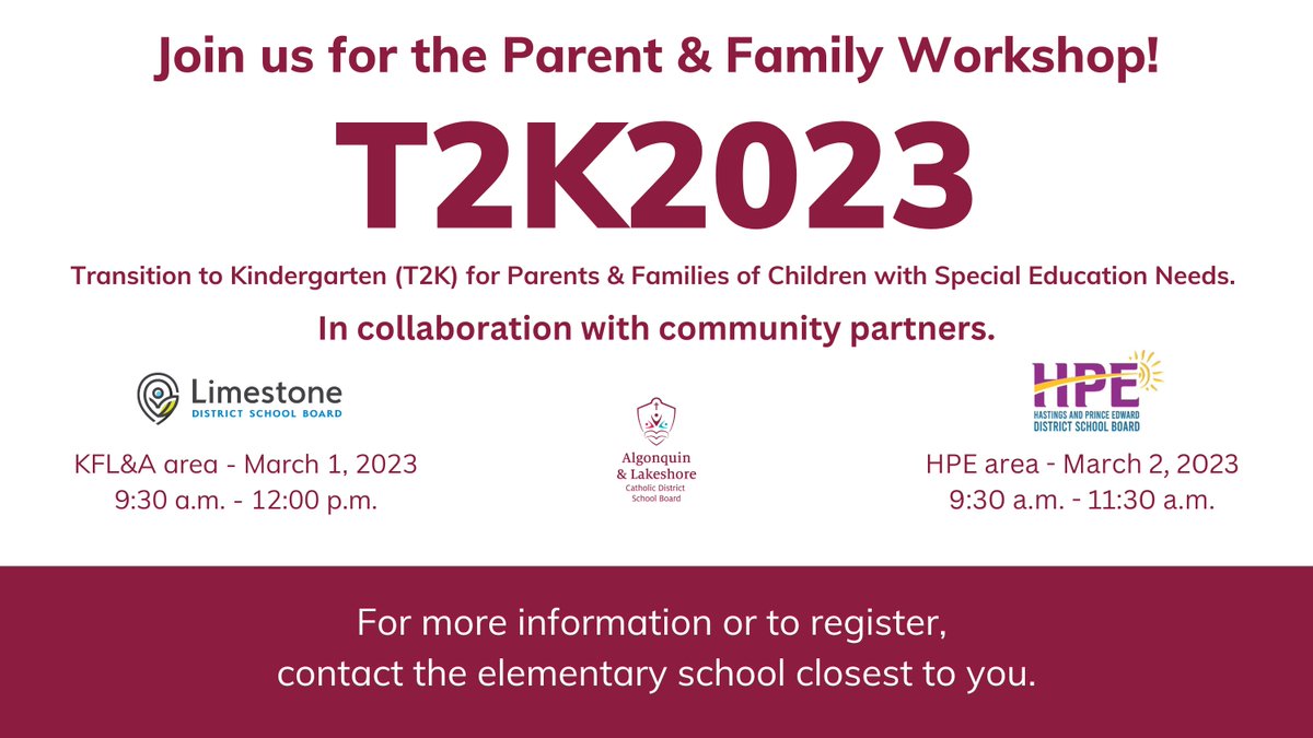 If your student has special education needs and will be entering school for the first time this Sept. 2023, you may wish to join the T2K Parent &amp; Family Virtual Workshop Thursday, March 1 from 9:30 am. – 12:00 p.m.  Interested families should contact their school for details.