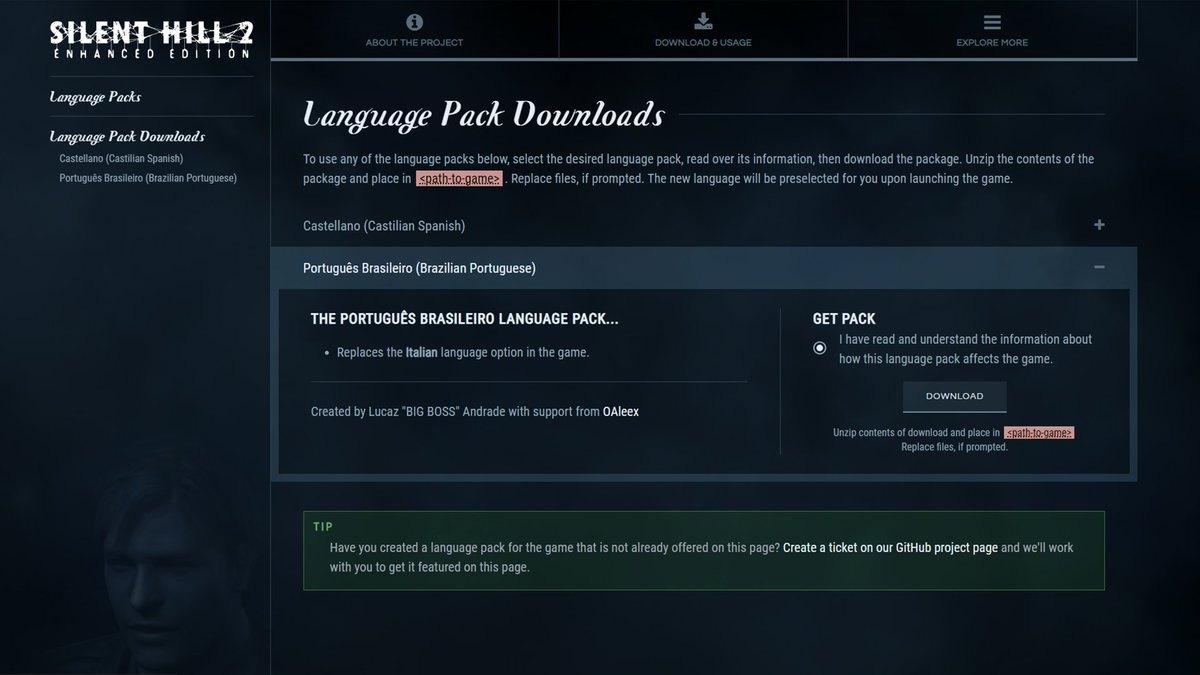 WhereAllBegins's tweet photo. For the next update, there will be a new "Language Pack" page on the site! This page will include fan translation packs made with guidance from us on the EE team. 

Images show SH2 in 🇧🇷 Brazilian Portuguese, translated by @LucazBigBoss  with support by OAleex! https://t.co/wfGkgtj80Q