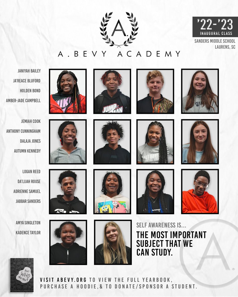 Introducing the inaugural class of #ABevyAcademy! 

Join us as we celebrate them this month by visiting abevy.org to learn more about the members, donate/sponsor a student, purchase their designed hoodie, or to bring A.Bevy Academy to a school near you.