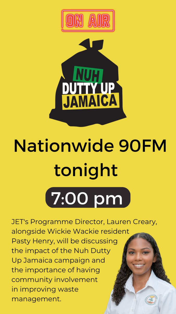 nuhduttyupja's tweet photo. Tune in to @NationwideRadio at 7pm as we discuss the impact of the NuhDutty Up Jamaica public education campaign and the importance of community involvement in proper solid waste management.
#nuhduttyupjamaica #keepwiislandclean https://t.co/TlEgFg9pSi