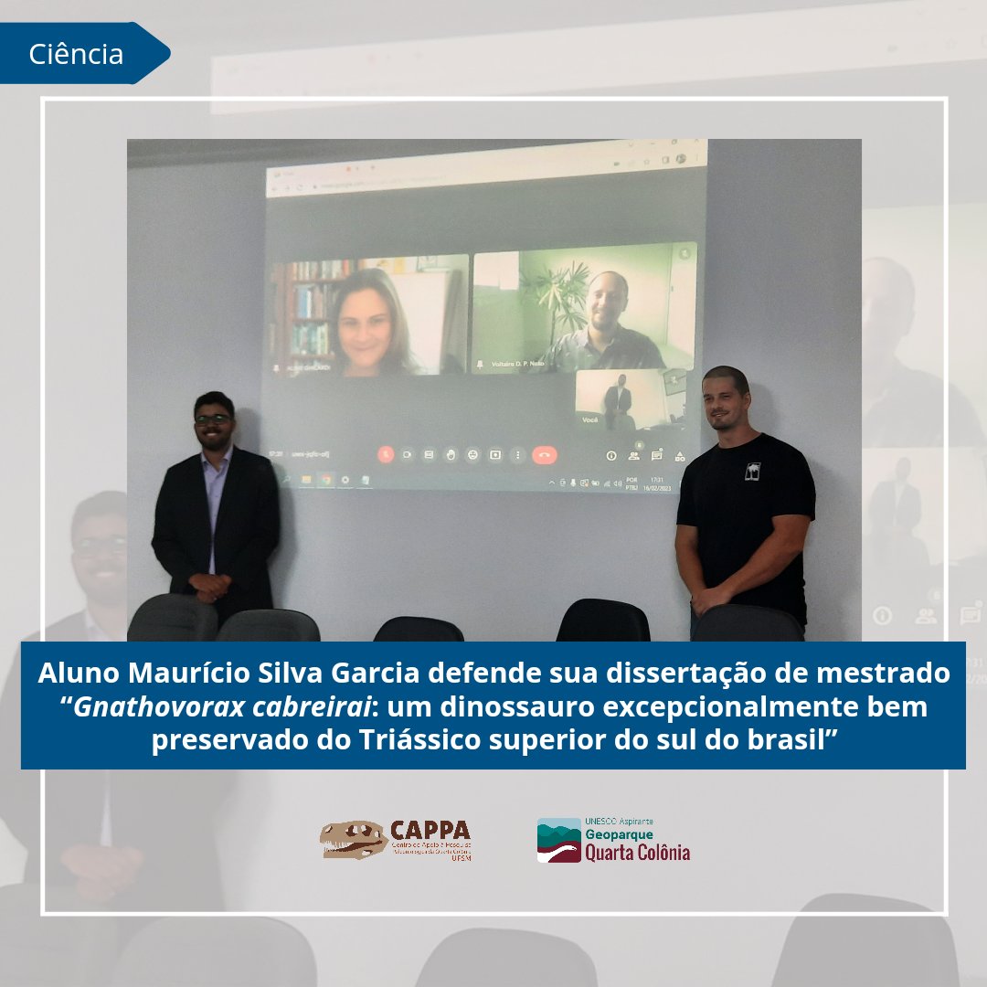 cappaufsm's tweet photo. No dia 17/02, Maurício Silva Garcia defendeu sua dissertação de mestrado “Gnathovorax cabreirai: um dinossauro excepcionalmente bem preservado do Triássico superior do sul do brasil” pelo Programa de Pós-Graduação em Biodiversidade Animal da Universidade Federal de Santa Maria. https://t.co/Q9tfBxE7oP