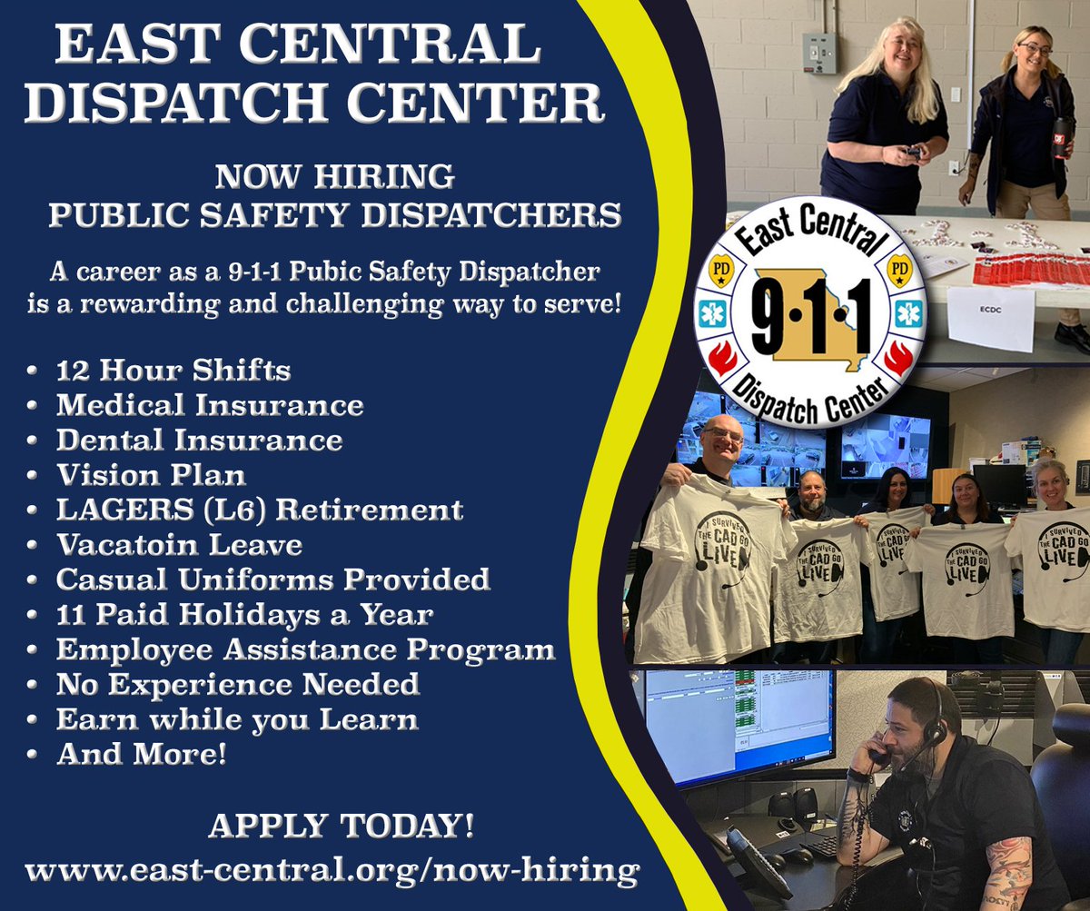WebsterGrovesPD's tweet photo. East Central Dispatch Center is now hiring!  

https://t.co/jTyT4CUO0b https://t.co/ab6595yybg