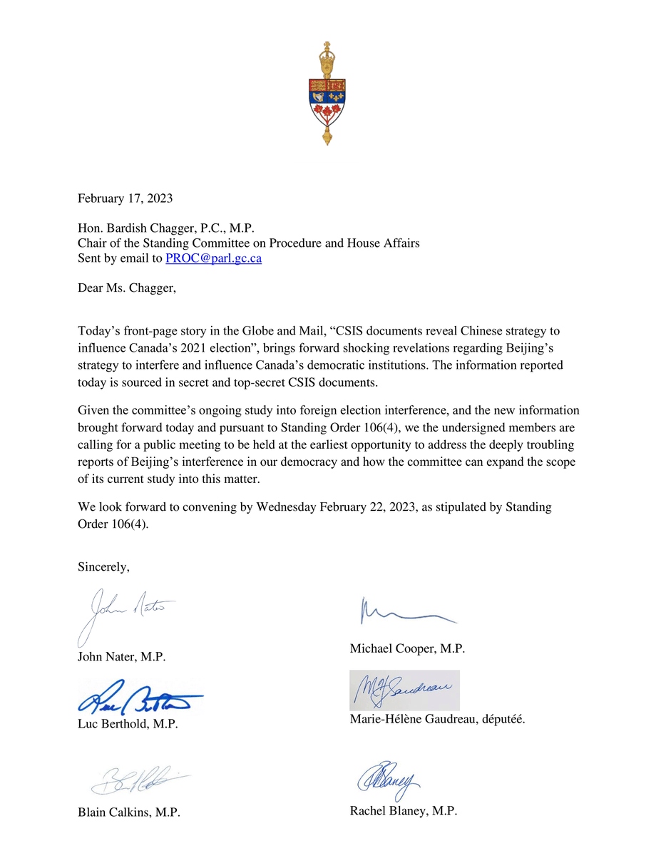 MichaelCooperMP's tweet photo. Today, the Globe and Mail reported that CSIS documents reveal Beijing interfered in the 2021 election to help the Liberals win, and that political campaigns colluded with Beijing Proxies. 

We’ve requested an emergency meeting of PROC to address these shocking revelations. https://t.co/ajhjaoa3UU