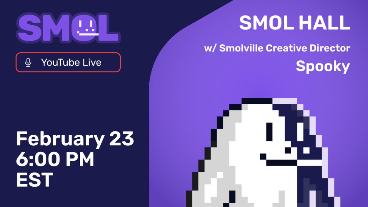 The Smolville team has a new addition! Meet Creative Director Spooky who is working with Purple Snow to make the game true to Smol!

Join us next week for Spooky’s presentation on his game design approach, an AMA &amp; a merch giveaway!

Set your reminders 👇
youtube.com/live/H7iedaD_k…