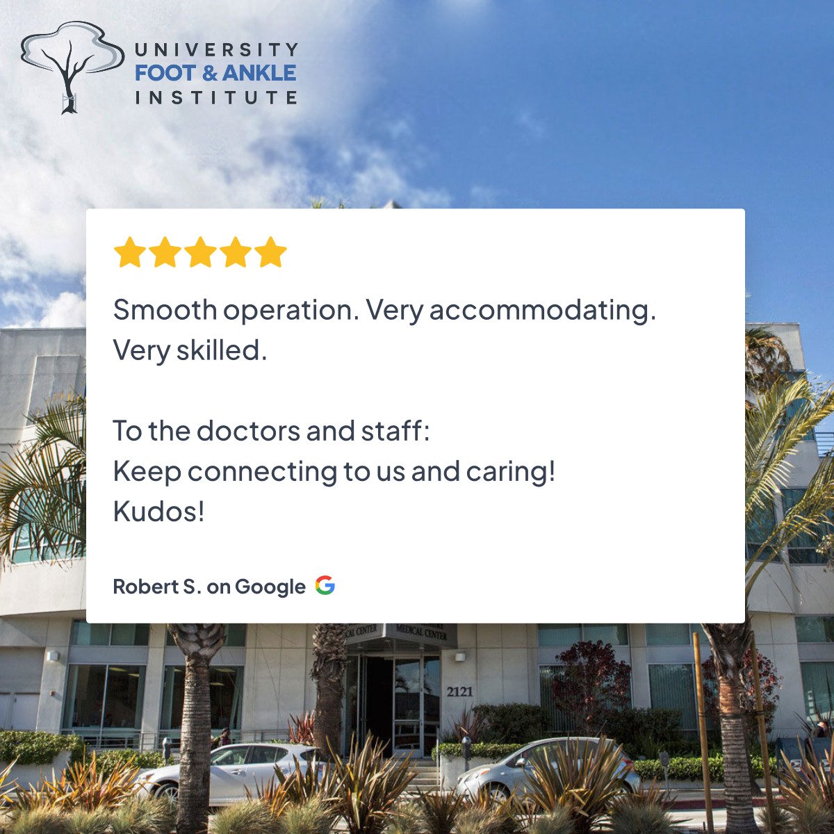 Thanks for the kind words and for sharing your experience with others!

#weloveourpatients #footandanklespecialist #UFAI #LosAngeles #podiatrist