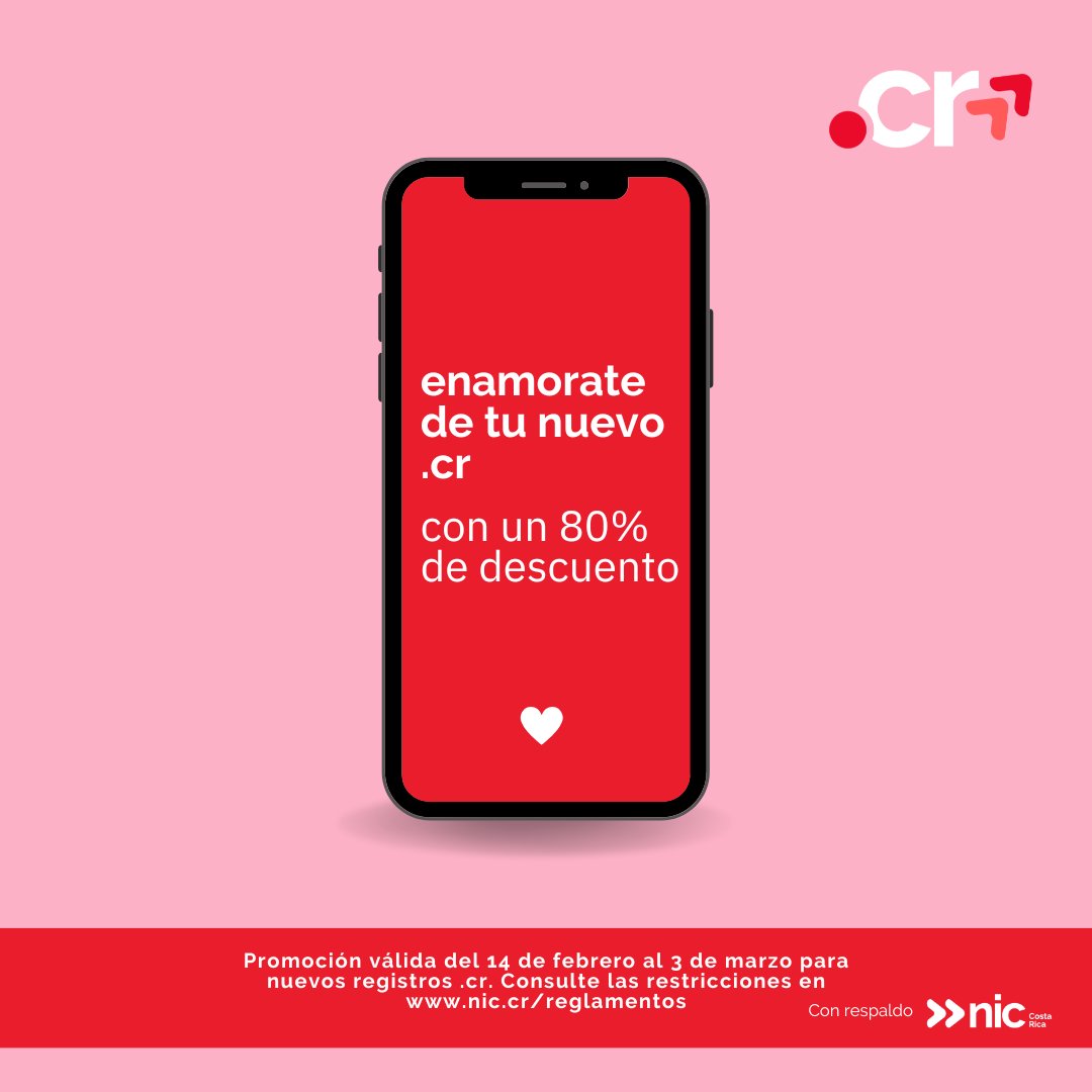¡No desaproveches esta oportunidad! obtené un 80% de descuento por la compra de tu dominio .cr.❣️ Promoción válida para nuevos registros del 14 de Febrero al 3 de Marzo. *Aplican restricciones*