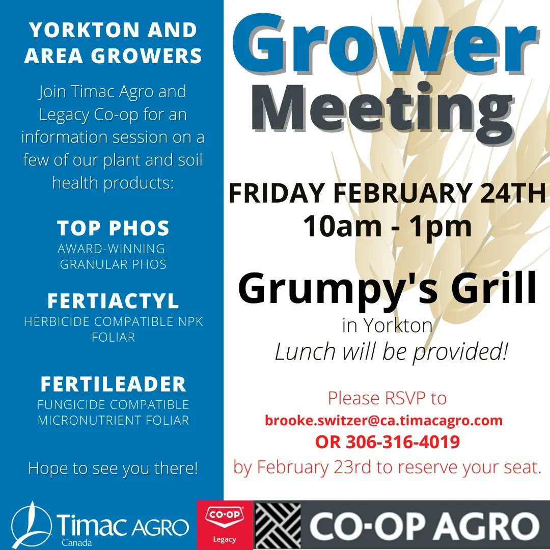TimacAgroCanada's tweet image. From the Yorkton, SK area and looking for something to do next Friday, February 24th? 

Join us and Legacy Co-op for an info session on some of our plant and soil health products including Top-Phos, Fertiactyl and Fertileader!

RSVP by emailing brooke.swi….timacagro.c…