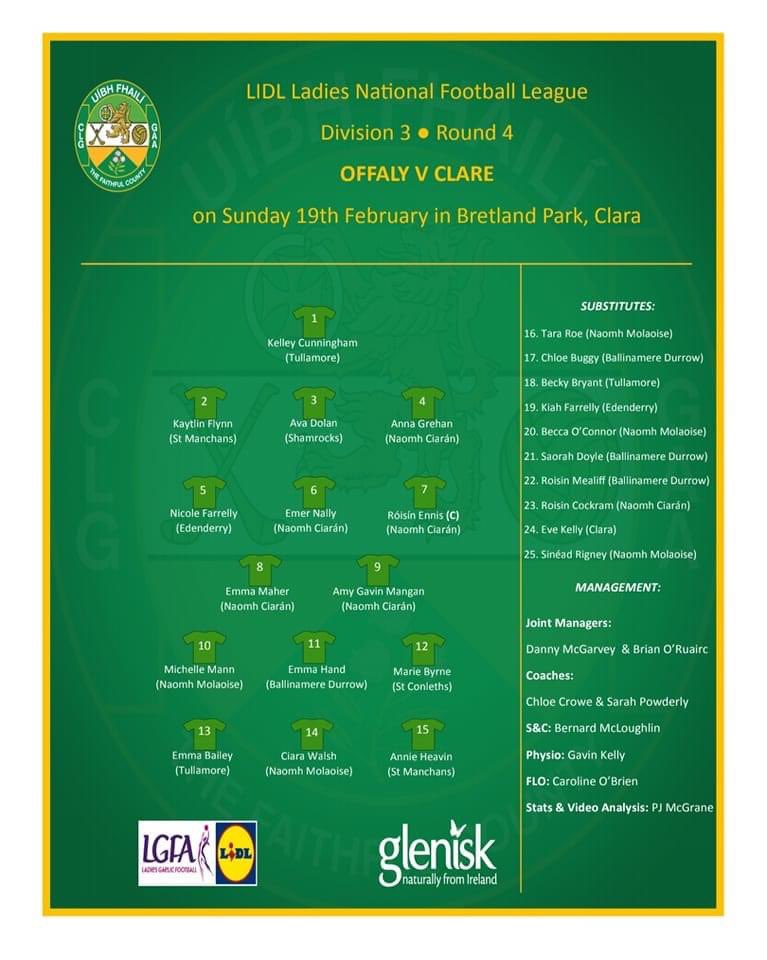 Danny McGarvey and Brían O’Ruairc have named their <a href="/Glenisk/">Glenisk</a> Intermediate team for Sundays Round 4 game against Clare in Bretland Park in the  Lidl Ladies National Football League. Throw-in is at 2pm.

Come out &amp; support the ladies 💚🤍💛

#GetBehindOurLadies
#SeriousSupport