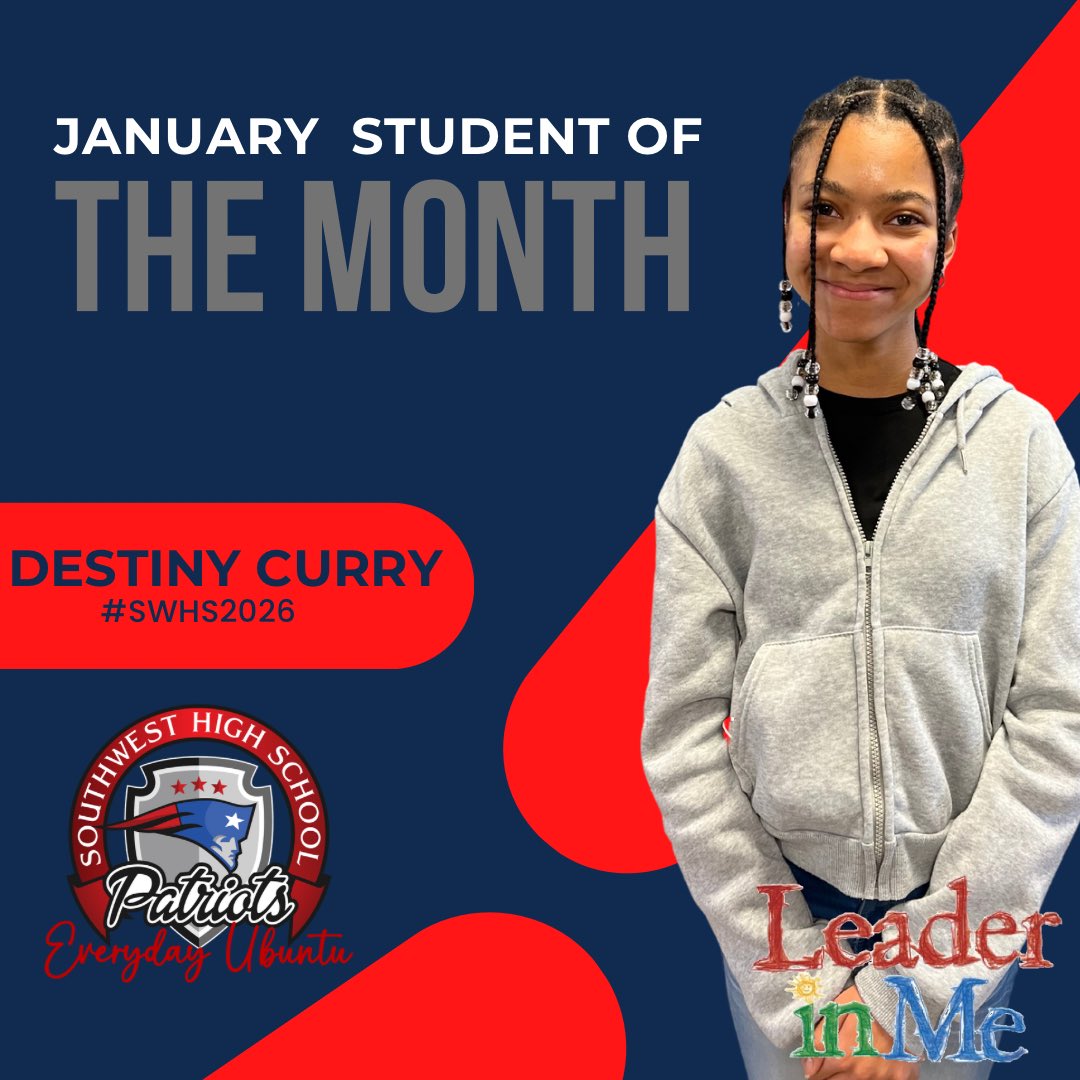 SWPatriots's tweet photo. Congratulations to the Southwest superlatives for the month of January. 

Teacher of the month: 
Devante Sanders. 

Students of the month: 
Destiny Curry #SWHS26
Johnte Riggins #SWHS26 https://t.co/FYsjn6Cl3J