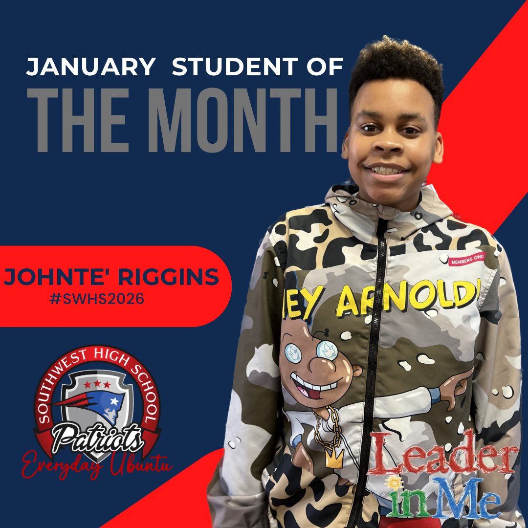 SWPatriots's tweet photo. Congratulations to the Southwest superlatives for the month of January. 

Teacher of the month: 
Devante Sanders. 

Students of the month: 
Destiny Curry #SWHS26
Johnte Riggins #SWHS26 https://t.co/FYsjn6Cl3J