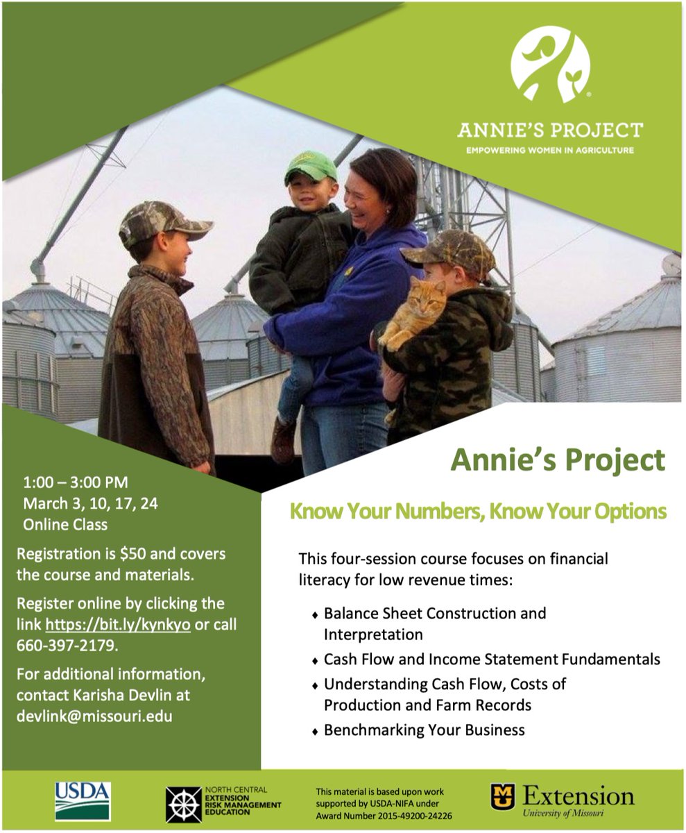 MUExtSTL's tweet photo. Coming next month: Annie’s Project - Know Your Numbers, Know Your Options. This online series delivers basic farm financial literacy to women. Includes four Zoom classes + 4 hrs of webinars/resources. Register now at https://t.co/k8CsIKcpyw

#ExtendMU #WomenFarmers #AnniesProject https://t.co/Q7WqFcsSwX