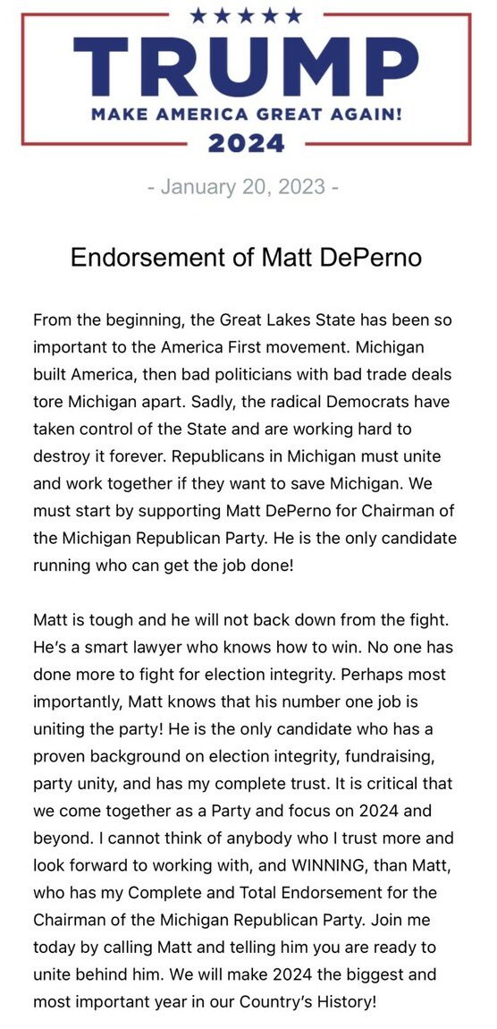 📣📣📣 President Donald J. Trump endorses Matt DePerno for MIGOP Chair! Vote #DePernoSoldano at the MIGOP Convention on February 18th!