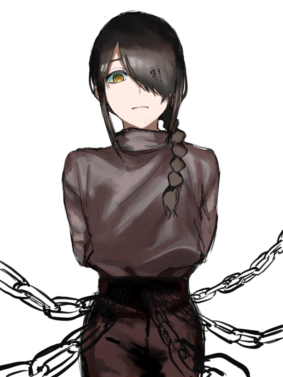 1girl braid chain solo ringed eyes hair over one eye white background  illustration images