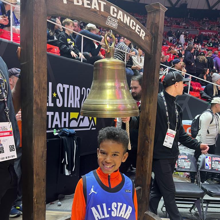 nbacares's tweet photo. 7-year-old Josiah, who is officially cancer free, rang the bell to tip off tonight’s #RufflesCelebGame #NBAAllStar https://t.co/ixJQga3aGe