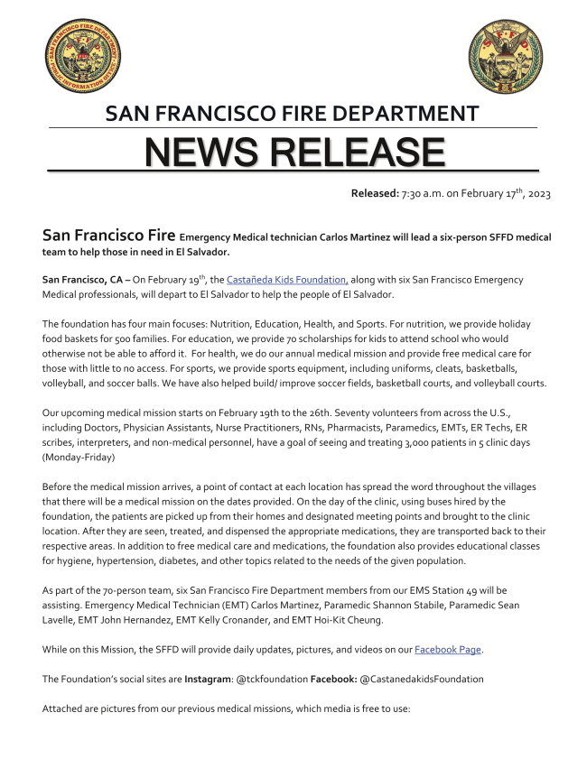 SFFDPIO's tweet photo. San Francisco Fire Emergency Medical technician Carlos Martinez will lead a six-person SFFD medical team to help those in need in El Salvador.
https://t.co/1VMBOE2xhy https://t.co/ewMoJ74lZj