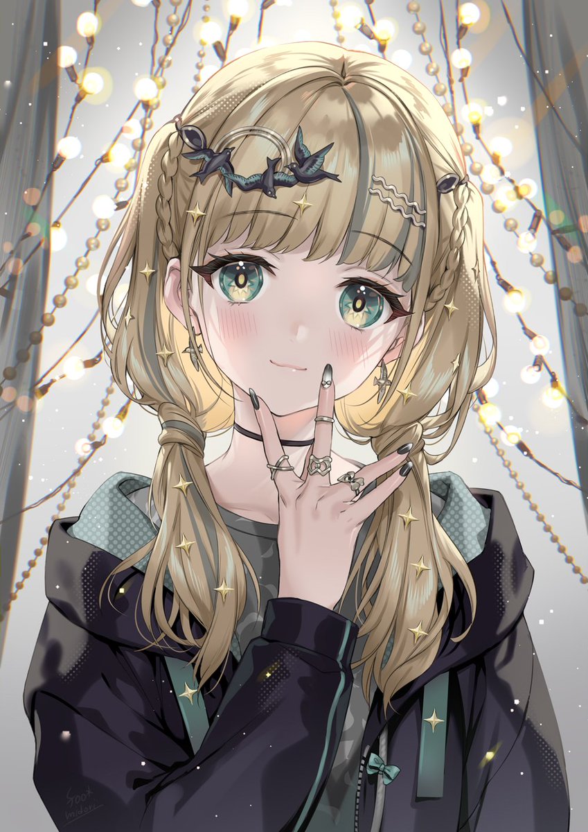 1girl solo jewelry ring black nails green eyes twintails  illustration images