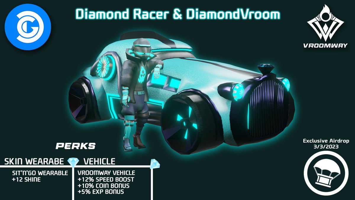 Introducing the next lineup! The Diamond Racer &amp; DiamondVroom in collaboration with <a href="/DecentralGames/">Decentral Games</a>!💎

All-exclusive wearable/vehicle will be air-dropped on 3/3/2023. Wanna get one? Stay active in Vroomway all February, and you might see one in your wallet on the air-drop day!💥