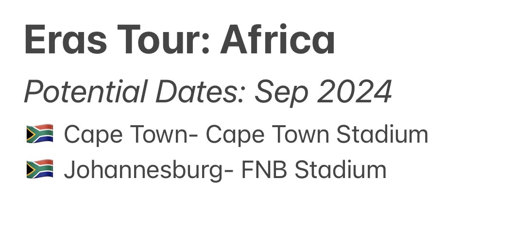Eras Tour Potential African International Dates 

Notes:
* I do not expect her to tour here but these cities/stadiums are the most likely.

#taylorswiftconcerts #TaylorSwift #TheErasTour #TSMidnighTS #TOUR #ErasTour #internationaldates #TaylorSwiftErasTour #Taylor