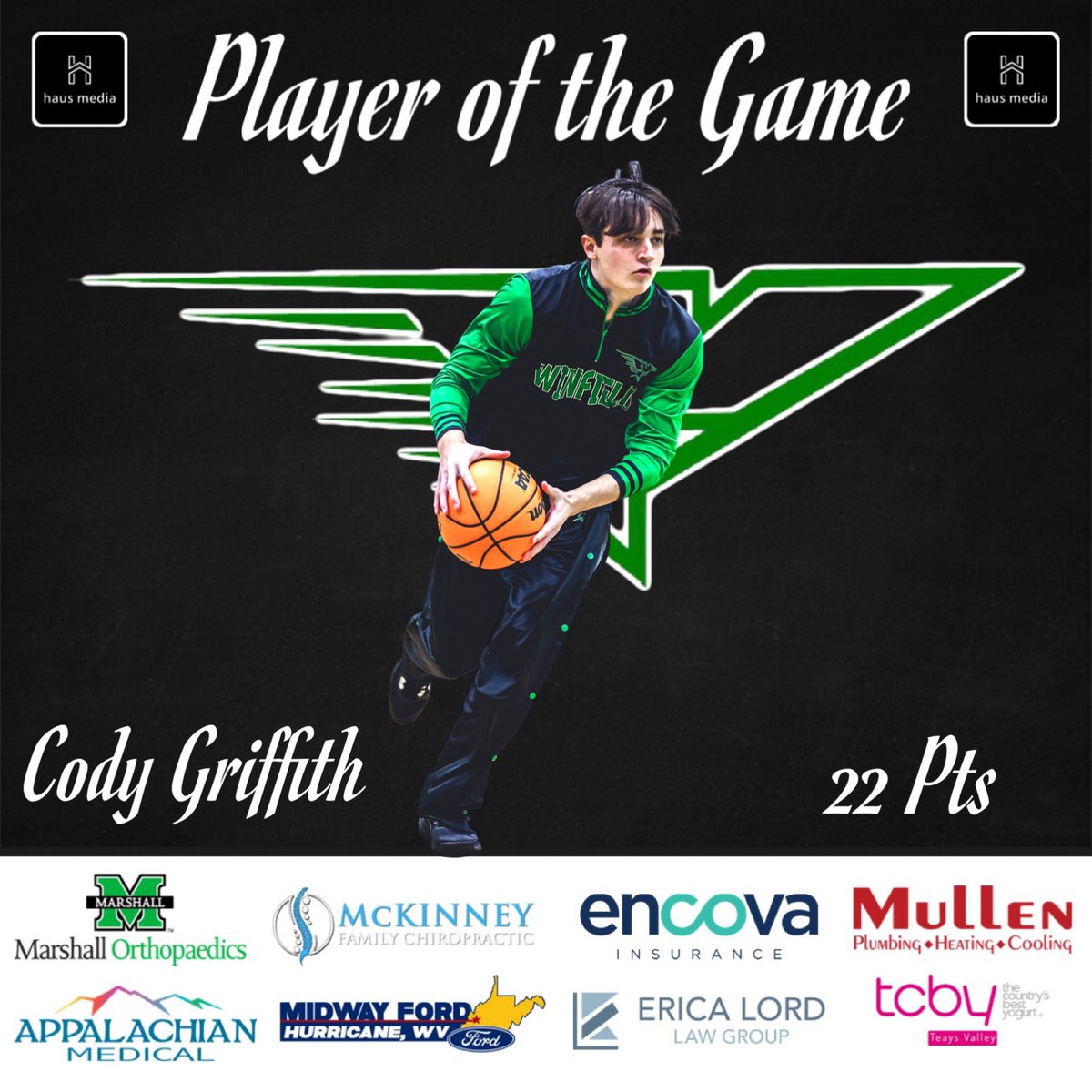 haus_media's tweet photo. haus media’s Player of the Game goes to @WinfieldMBB’s @YoutubeCody_G who had 22 Pts to help the Generals defeat Poca 46-39! 🏀🔥

Sponsored By: @MUHealthOrtho @ChadLavenderMD, MFC, Encova, Mullen Plumbing, Appalachian Med, Midways Ford, Erica Lord Law &amp; TCBY https://t.co/eSb754HDfa