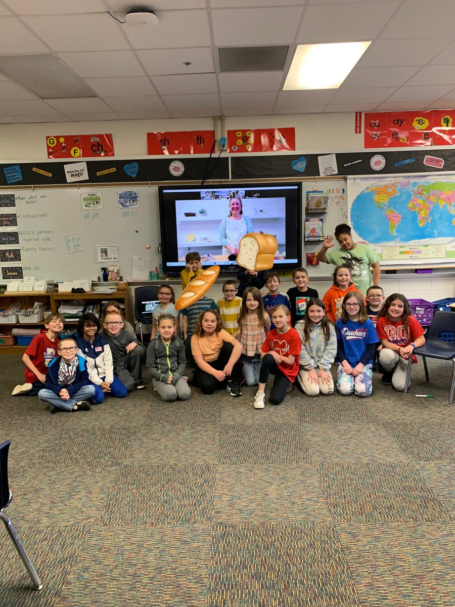 MrsEBangel's tweet photo. What a fun experience with Amy from @kingarthurflour! Students learned how math, science, and reading all come together for baking bread! 🥖 🍞 🥯 🥨 We can’t wait for our #bakeforgood kindness challenge! 🤩 Thanks for all of the materials! https://t.co/hBhY6N0L9b