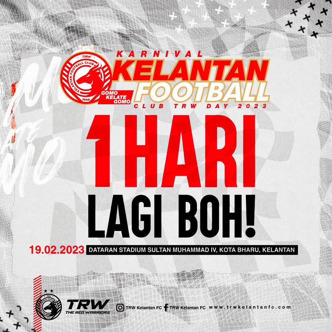 Assalamualaikum dan Selamat Pagi 😊

Jom ke TRW Shop hari ini untuk dapatkan tiket perlawanan persahabatan antara pasukan Kelantan FC menentang PIB FC dan juga pasukan Kelantan FC U-23 melayani kunjungan Kampung Baru Nelayan FC pada 19 Februari 2023. 

#trwday #Zamburger