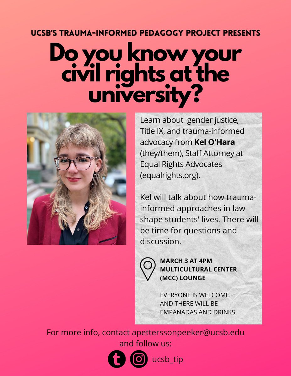ucsb_tip's tweet photo. Do you know your civil rights at the university? Join us to learn from Kel O'Hara, Staff Attorney at Equal Rights Advocates, on March 3! https://t.co/ZfHpupnlrz