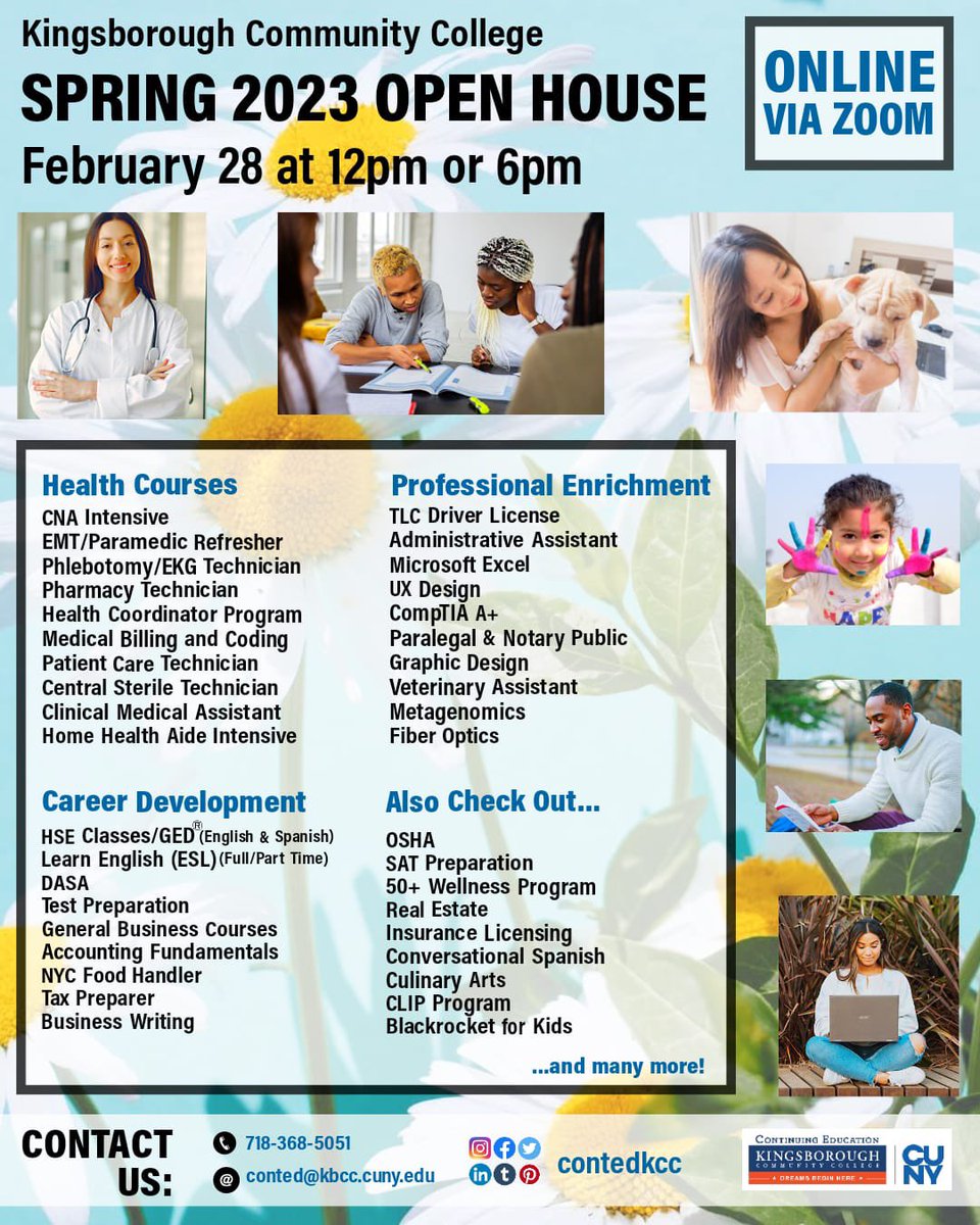 contedkcc's tweet photo. Join our Spring open house on February 28 by emailing us at conted@kbcc.cuny.edu to get the zoom link. #healthcare  #collegeforkids #accounting #dasa #englishclass #hse #osha #realestate https://t.co/d98plMbl0V