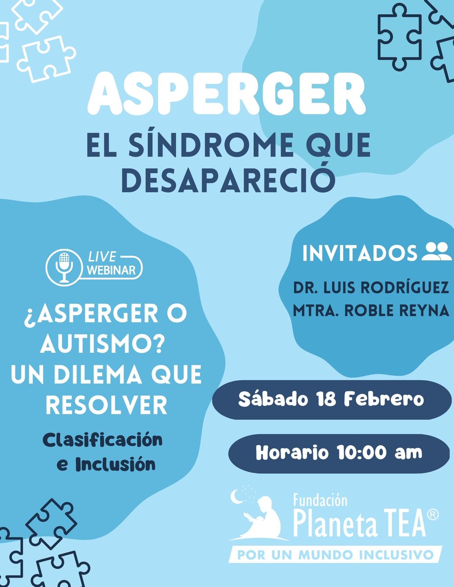 Planeta_TEA's tweet photo. Webinar 💙📆 Sábado 18 Febrero, 10:00 am GMT-6
Inscríbase en: https://t.co/DKQTuGyW5v
Luego de la inscripción, recibirá un email de confirmación con información para unirse al seminario web. #fundacionplanetatea #porunmundoinclusivo #díainternacionaldelasperger #Asperger https://t.co/qV7Zoeqlwv