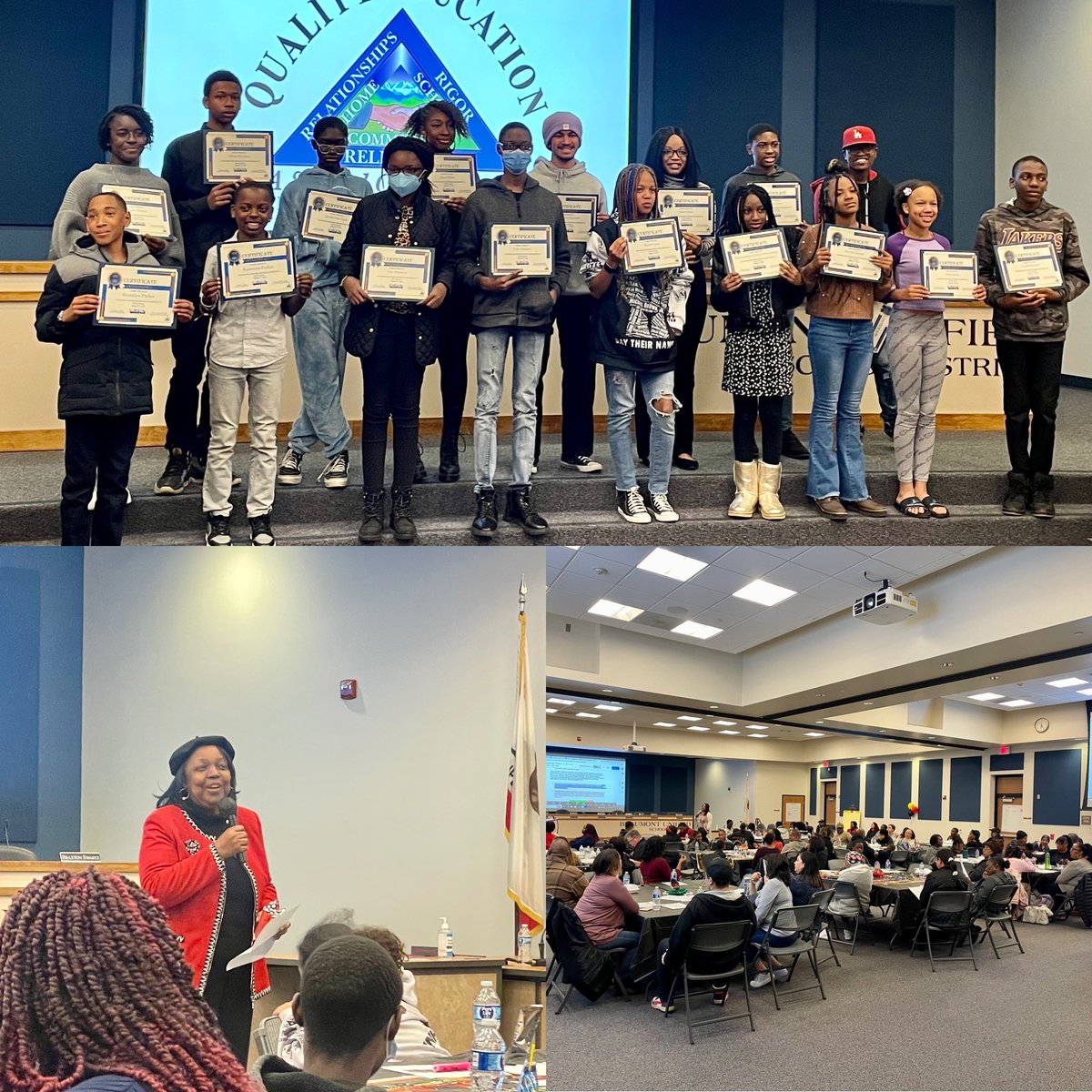 Beaumont_SD's tweet photo. A wonderful night celebrating student success, spotlighting the Black Student Union at @GoBHSCougars, ❤️💚🖤celebrating #BlackHistoryMonth & enjoying dinner & games at our #DAAPAC meeting. Thank you to all of our families who attended! #GoFirst #BeaumontUSD #HomeSchoolCommunity https://t.co/0p61zJlYYf