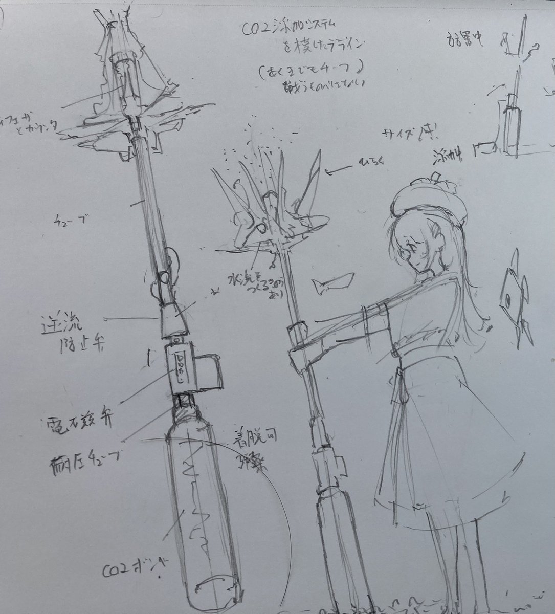 魔法少女リリカルなのはの杖デザイン好きなんですよね。でも僕に描けるかな。

CO2添加システムを杖に落とし込んでみたら楽しそうという思いつき。 