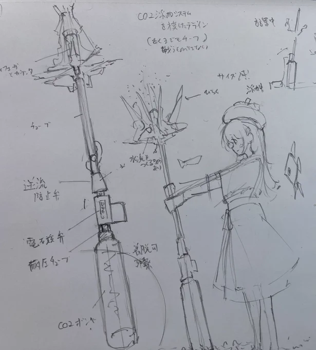 魔法少女リリカルなのはの杖デザイン好きなんですよね。でも僕に描けるかな。CO2添加システムを杖に落とし込んでみたら楽しそうという思いつき。 