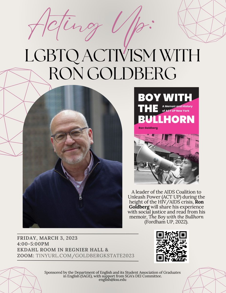 Save the date! Join us on Friday March 3 for a lecture and reading by Ron Goldberg, 4:00pm, Ekdahl Room and Zoom @KStateDiversity <a href="/KStateArtSci/">K-State Arts and Sciences</a> <a href="/KStateLGBT/">K-State LGBT Resource Center</a> <a href="/KSU_SoTran/">Social Transformation Studies</a> <a href="/ArtSciDiversity/">KSUArtSciDiversity</a>