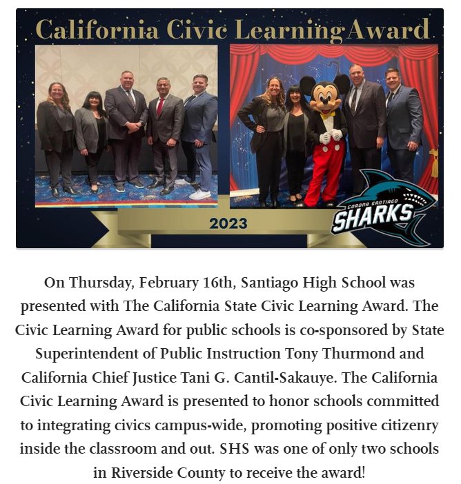 SantiagoSharks's tweet photo. Santiago was honored to receive the California Civic Learning Award from State Superintendent ⁦@TonyThurmond⁩!

⁦@CNUSD⁩ ⁦@DrSamBuenrostro⁩ https://t.co/KdTtw2rnqj