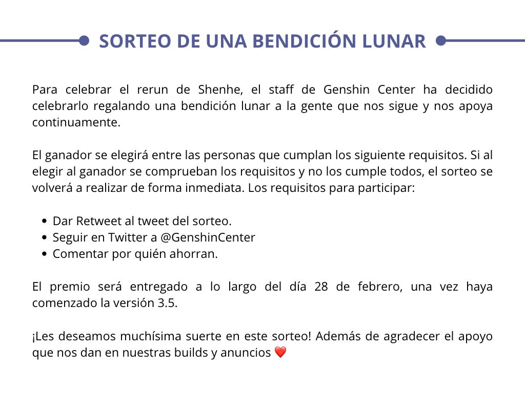 GenshinCenter's tweet photo. 📣 SORTEO DE UNA BENDICIÓN LUNAR 

Por el regreso de Shenhe hemos querido traerles una sorpresa ❤️

Pasos a seguir:
- Dar retweet a este tweet.
- Seguir a @GenshinCenter 
- Comentar por quién ahorras.

Se entregará el día 28 de febrero (al comenzar la v3.5).
Más info del sorteo: https://t.co/yENsCTVUr3