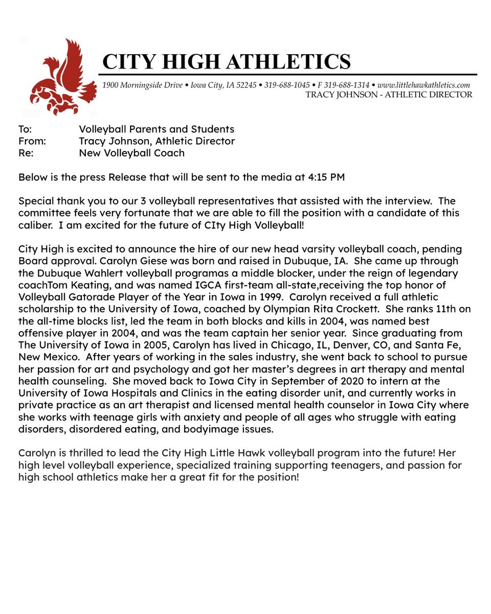 City High is excited to announce the hire of Carolyn Giese as our new head volleyball coach, pending Board approval. Carolyn is a former Gatorade Player of the Year in Iowa, and captain of the Hawkeye volleyball team. She is a mental health therapist in private practice. Welcome!