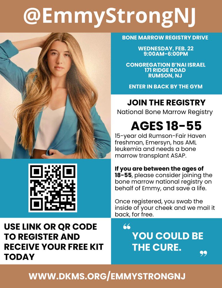 If you are between ages 18-55 please consider joining the bone marrow registry with a simple swab of your cheek! This local 15yo girl needs a bone marrow transplant ASAP and we are helping to find her a match! Request a kit or go to an upcoming drive. DKMS.org/EmmystrongNJ.