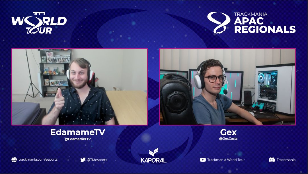 THAT'S RIGHT! MAME'S BACK FOR TRACKMANIA WORLD TOUR APAC REGIONALS 2! (a.k.a The 2508 Cup)

Joining me in the booth today will be <a href="/GexCasts/">GEX</a>, an absolutely legendary APAC caster, so come tune in over at twitch.tv/trackmania in 8 hours time to see the action!