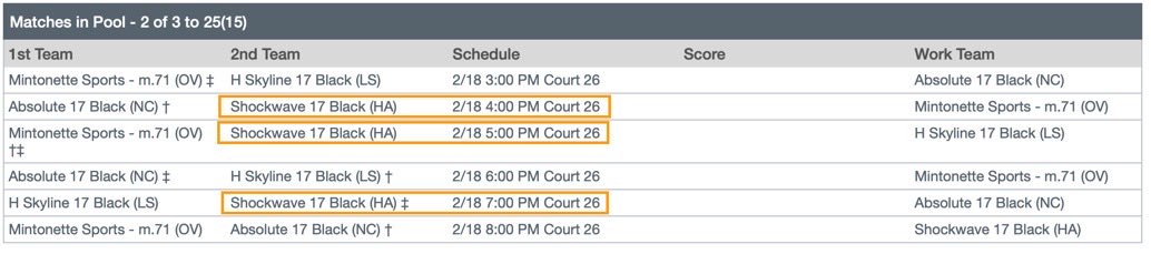 Come watch my Shockwave 17-Black team play Saturday at Triple Crown. Court 26 @ 4:00, 5:00 and 7:00!!