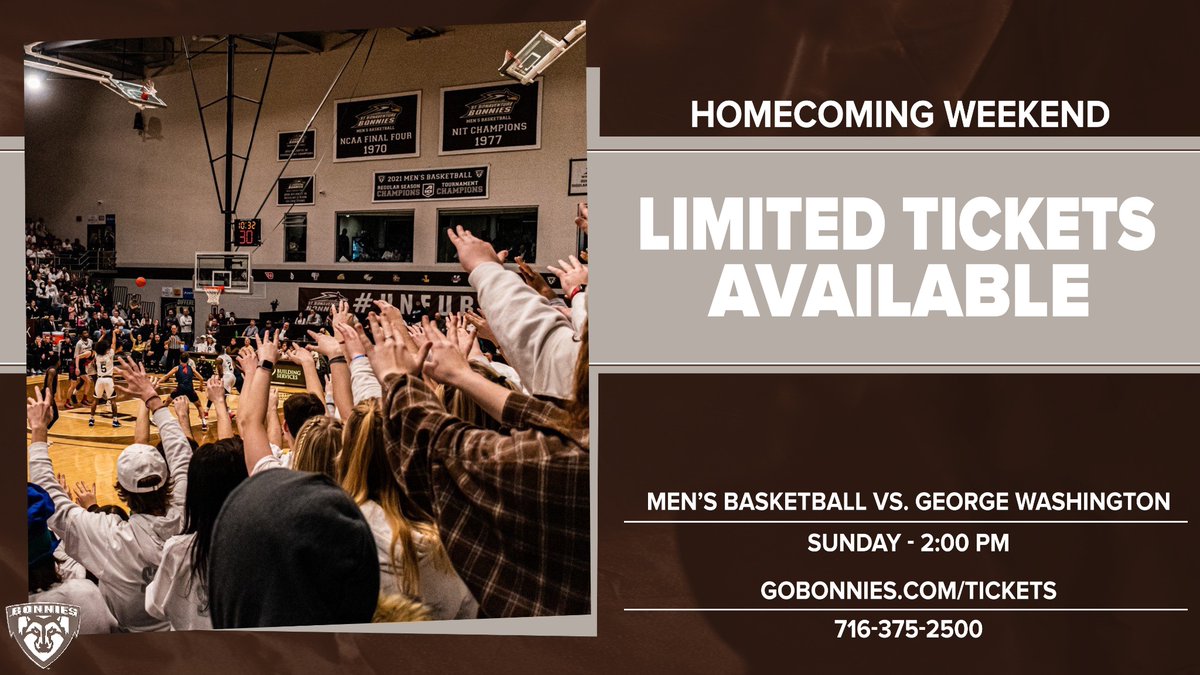 OleanNYChamber's tweet photo. #GOTtickets
NO? Tickets still remain for this for Sunday’s MBB Homecoming game vs. George Washington
@GoBonnies @StBonaventure https://t.co/Dz3KpJHqBP