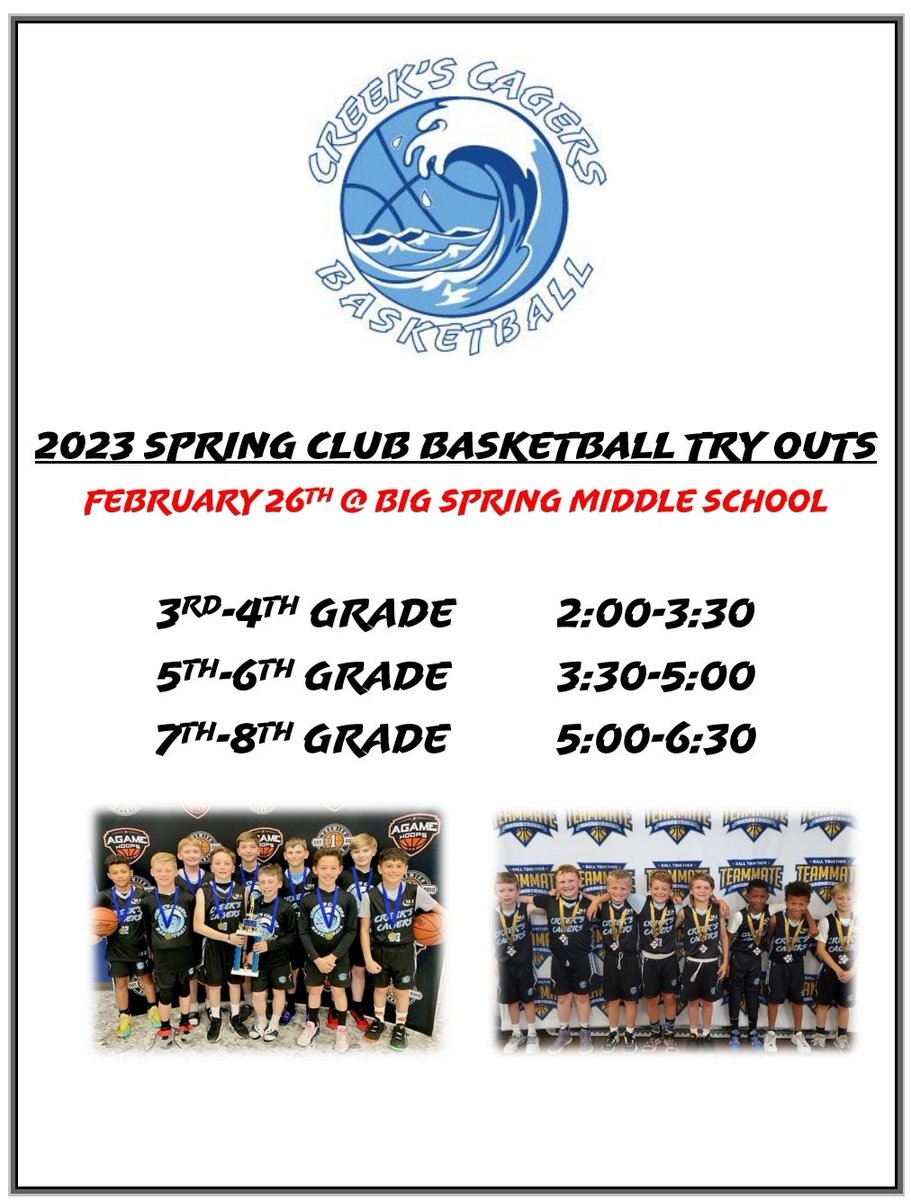 2023 Creek's Cagers Try Out Date and Times!!!