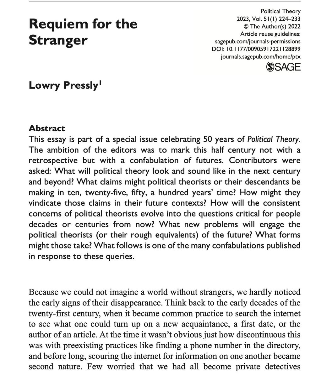 My thanks to the editors at @PoliticalTheory for publishing this essay on one of my favorite pastimes: being strange!