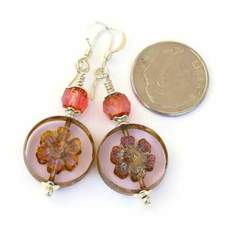 New! Gorgeously transparent lavender pink glass #flower #earrings w/ a metallic brown #rainbow Picasso finish & peach Czech glass beads! bit.ly/WhispersSD via @ShadowDogDesign #ShopSmall #Handmade #FlowerEarrings