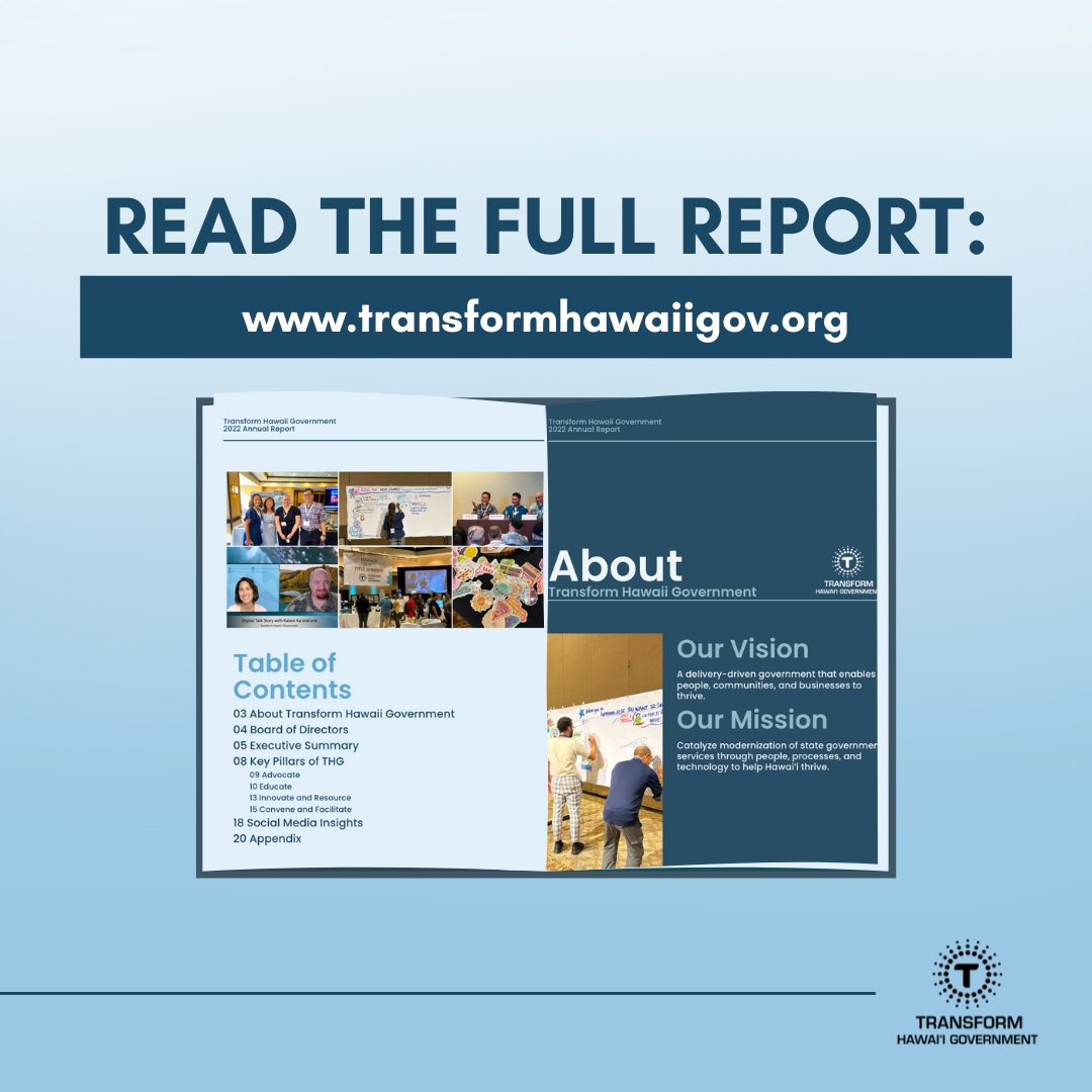 TransformHiGov's tweet image. As we continue our important work in 2023, we’d like to take a moment to reflect and share some highlights from our #2022 Annual Report. Our #AnnualReport series starts with an excerpt from Executive Director, Christine Sakuda’s executive summary. #techmodernization