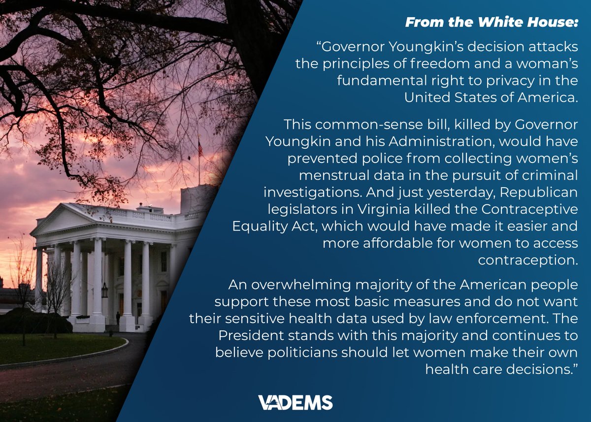 vademocrats's tweet photo. 🚨🚨🚨 FROM THE WHITE HOUSE: @K_JeanPierre released a statement on behalf of @JoeBiden concerning Governor Youngkin’s recent attempts to supply women’s menstrual data to law enforcement, saying it “attacks the principles of freedom and a woman’s fundamental right to privacy…” https://t.co/HaKavQU0ug