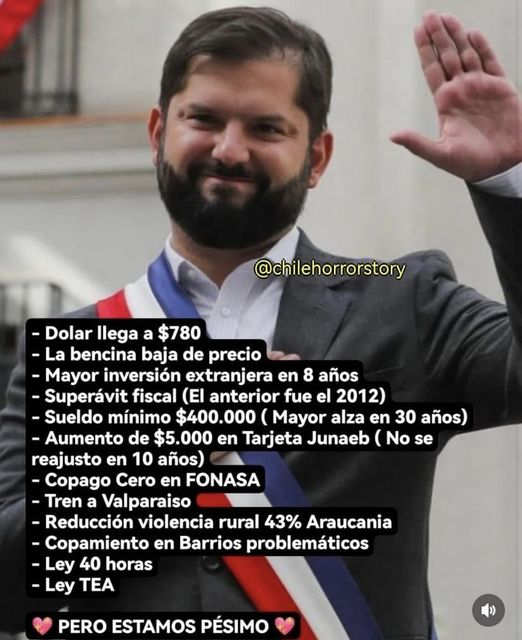 oyarzomigue's tweet photo. Menos de 1 año y Chile sigue avanzando hacia su consolidación social y económica, a pesar de todas las trabas políticas y las emergencias. Bien Presidente @GabrielBoric  💪👏👏 https://t.co/Xe8FbR4U4K