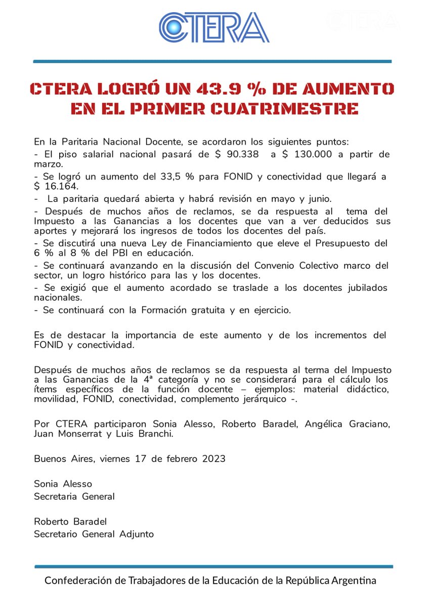 carisedano's tweet photo. La Paritaria Nacional Docente acordó un aumento salarial de 43,9% para el primer semestre del año, con revisiones en mayo y julio. 
Así, el piso pasa a $130.000 en marzo. 

¡Exigimos reapertura de paritaria salarial provincial URGENTE!
@MendozaGobierno @rodysuarez 

@sutemendoza https://t.co/QMg4Rfyjhr